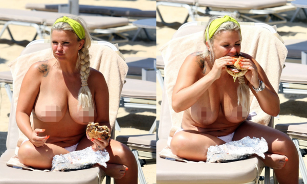 Modelja me mbipeshë habit të gjithë, rrezitet topless dhe ha burger në plazh